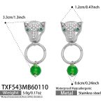 color: TXF543-Steel Color Leopard Head Green Earrings