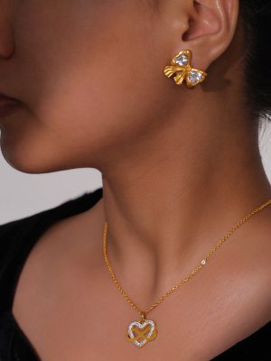 Ornament Sweet Elegance Love Surrounding Pendant Necklace Bow Earrings Stainless Steel Set