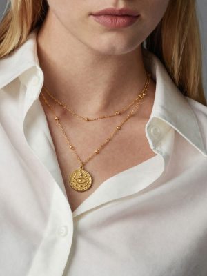 French Double Layer Clip Beads Twin Clavicle Chain Devil's Eye round Plate Pendant Temperament Stainless Steel Necklace