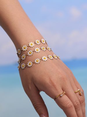Daisy Oil-Spot Glaze Flowers Necklace Bracelet Anklet Stainless Steel Plated 18K Real Gold Jewelry Set