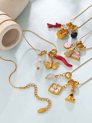 Vintage Bohemian Ice Cream Watermelon Multi-Element DIY Mix and Match Pendant Plated 18K Gold Snake Bone Necklace