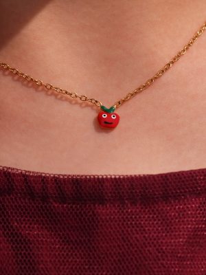 Stainless Steel Dripping Oil Cute Red Apple Childlike Necklace Bracelet Ear Studs Open Ring Children's Jewelry Set
