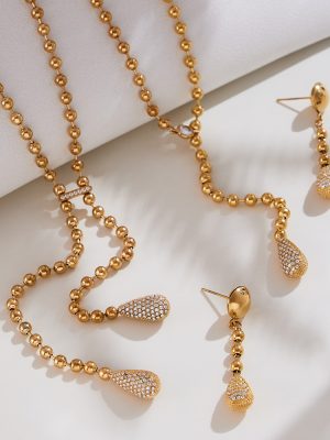Tassel Ball Bead Chain Twin Clavicle Chain Earrings Set Plated 18K Real Gold Color Retaining Item