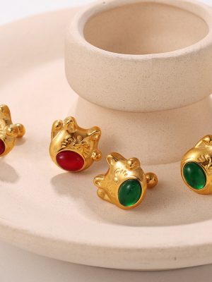 New Chinese Style Stainless Steel 18K Gold Plating Cute Lucky Cat Light Luxury Red Green Ear Studs Female