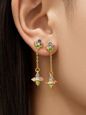 Full Diamond Four-Petal Flower Pendant Earrings Stainless Steel Gold-Plated Light Luxury Commuter's All-Matching Jewelry Earrings Women