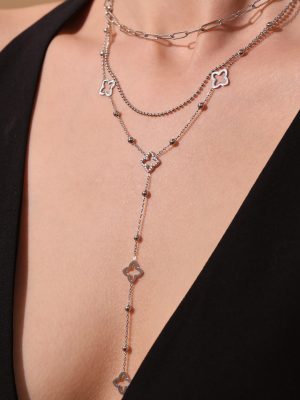Four-Leaf Flower Small Steel Ball Tassel Double-Layer Clavicle Necklace Light Luxury Stainless Steel 18K Gold Women's Accessories