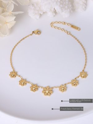 Daisy Petal Anklet All-Match Jewelry Chain Stainless Steel Plated 18K Real Gold Non-Fading Advanced