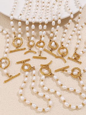 New Stainless Steel Freshwater Pearl OT Buckle Necklace, Bracelet Set Simple 18K Gold Plated