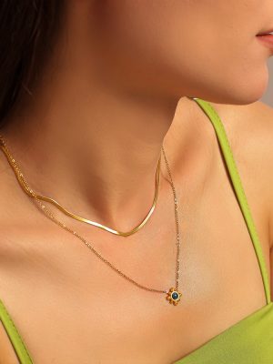 Small and Exquisite SUNFLOWER Natural Gemstone Earrings Clavicle Necklace Stainless Steel Plated 18K Real Gold Twin Set