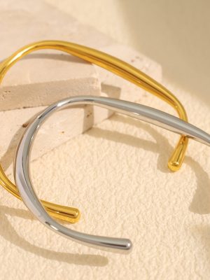 Stainless Steel 18K Gold-Plated Glossy Irregular C- Shaped Open-Ended Bracelet Female