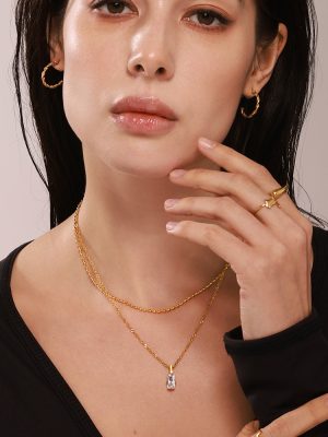 Rectangular Zircon Bead Multi-Layer Clavicle Necklace Stainless Steel PVD Electroplated 18K Real Gold Design Necklace Women