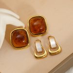 High-grade stainless steel geometric resin stud earrings, 18K gold-plated, lightweight luxury ear accessories.