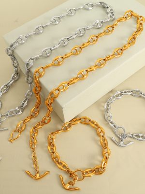 Snake Year New Cuban Link Chain Boat Anchor Design Necklace, Bracelet Set Hip-Hop Hipster Long Chain