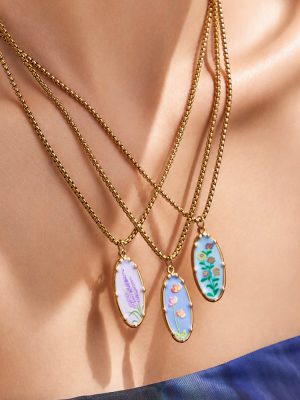 New Oil-Spot Glaze Flowers Pattern Pendant Necklace Stainless Steel 18K Gold Plating Necklace Ornament