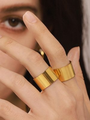 Wide Glossy Ring Cold Simple Opening Ring Stainless Steel PVD Plated 18K Real Gold Index Finger Ring