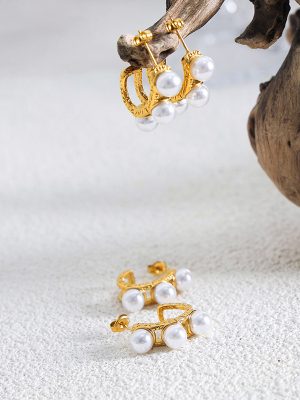 Stainless Steel 18K Gold Plating Hollow C- Shaped Earrings Light Luxury French Artificial Pearl Earrings Earrings for Women