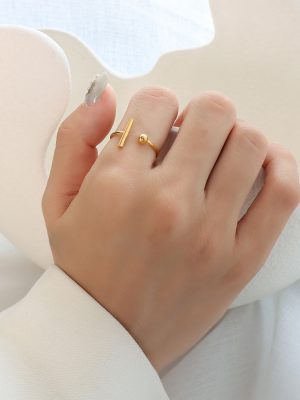 Step-in Simple T Shape Open Ring Stainless Steel 18K Gold Plated Index Finger Ring Couple's Ring